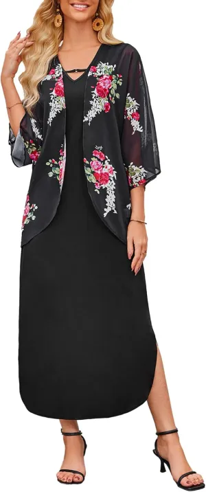 Honwenle Women's Summer Maxi Dress 2 Piece Outfit Sleeveless Loose Split Dresses with Cover up Casual Formal