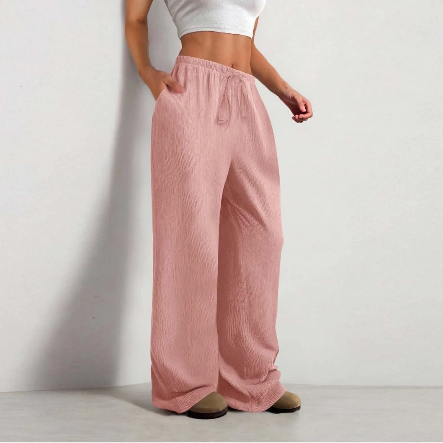Hvyesh Casual Palazzo Pants for Women Baggy Wide Leg Summer Long Womens Trousers High Waisted Drawstring