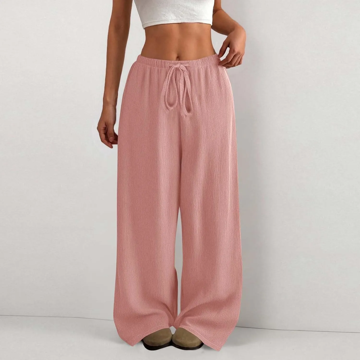 Hvyesh Casual Palazzo Pants for Women Baggy Wide Leg Summer Long Womens Trousers High Waisted Drawstring