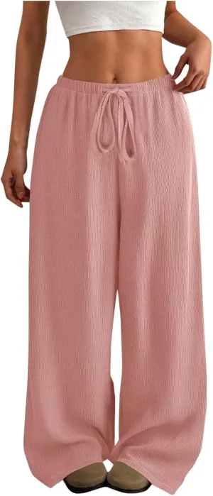 Hvyesh Casual Palazzo Pants for Women Baggy Wide Leg Summer Long Womens Trousers High Waisted Drawstring