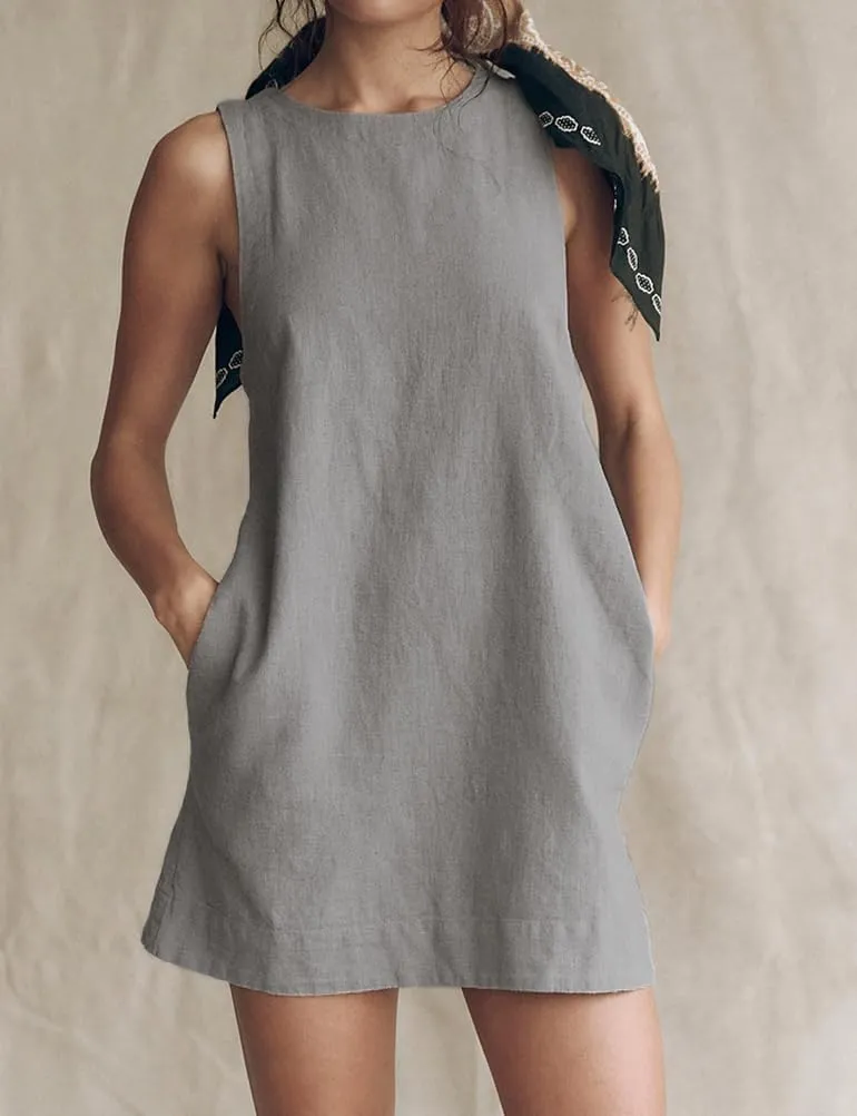 IDEALSANXUN Linen Dresses for Women Summer Beach Casual Sleeveless Low Back Mini Tank Dress with Pockets Sundress