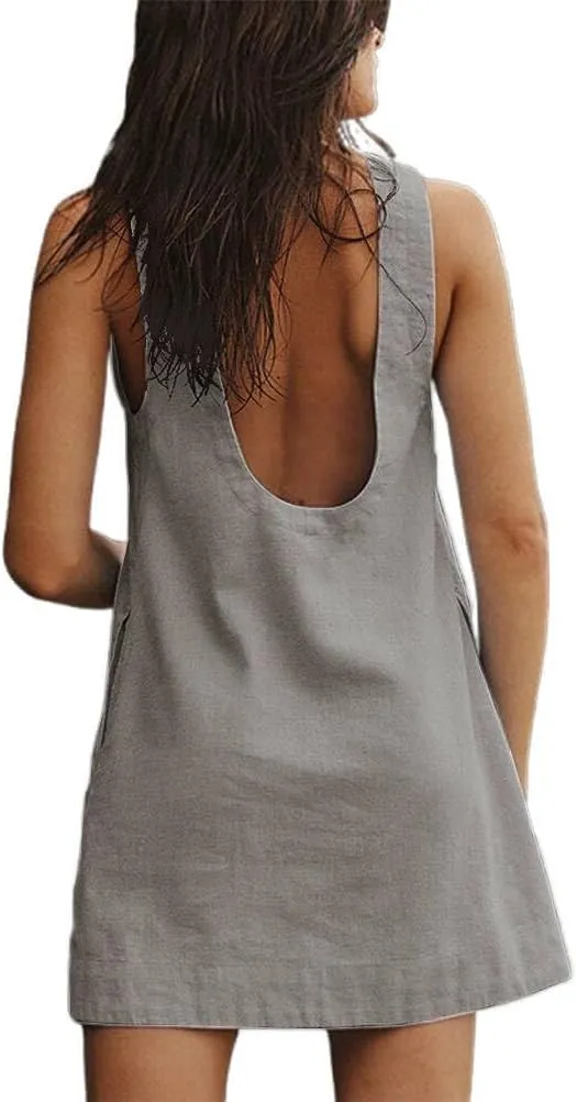 IDEALSANXUN Linen Dresses for Women Summer Beach Casual Sleeveless Low Back Mini Tank Dress with Pockets Sundress