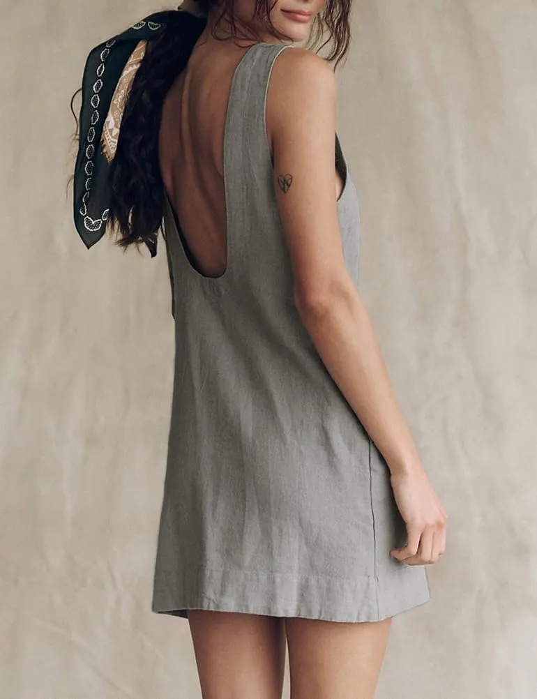 IDEALSANXUN Linen Dresses for Women Summer Beach Casual Sleeveless Low Back Mini Tank Dress with Pockets Sundress