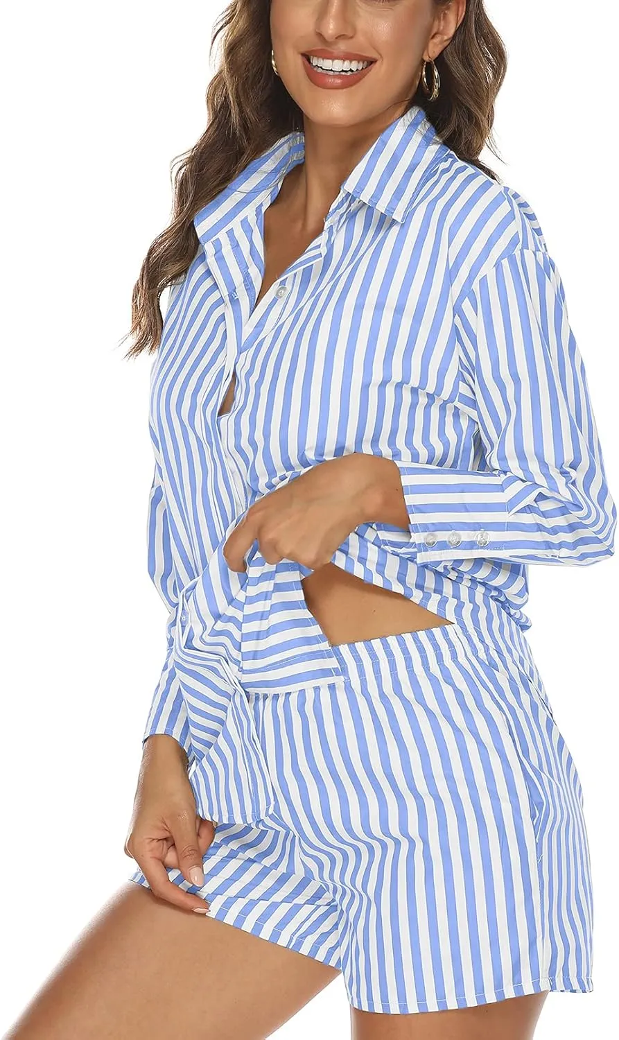 ISZPLUSH Womens 2 Piece Casual Sets Outfits Sets Relaxed Long Sleeve Shirt Loose High Waisted Side Pocket Shorts Set
