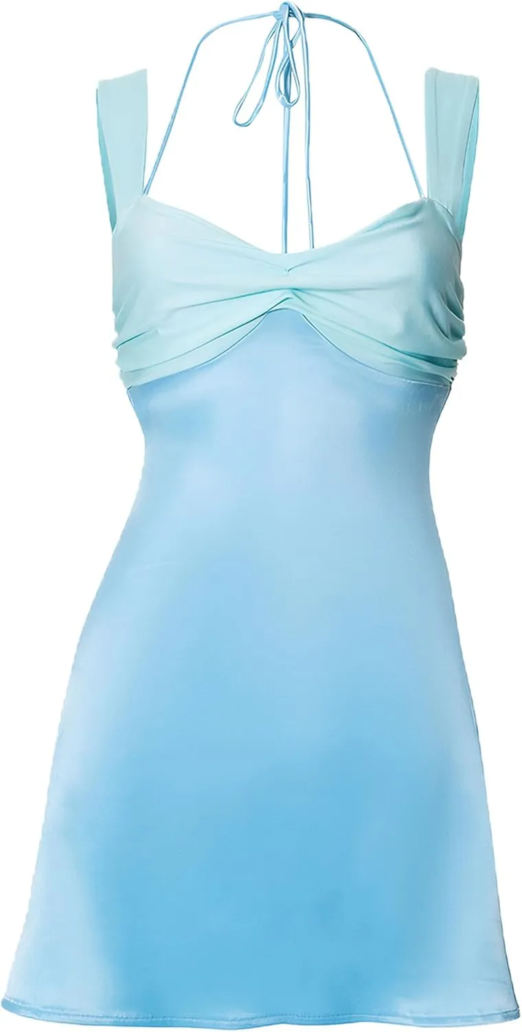 ISZPLUSH Womens Mini Dress Patchwork Sleeveless Strapless Lace Up High Waist A-line Elegant Party Clubwear Short Dress