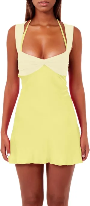ISZPLUSH Womens Mini Dress Patchwork Sleeveless Strapless Lace Up High Waist A-line Elegant Party Clubwear Short Dress