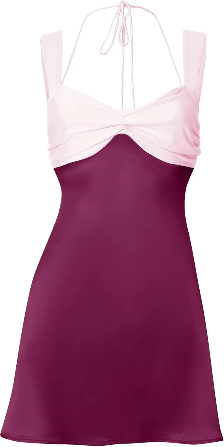 ISZPLUSH Womens Mini Dress Patchwork Sleeveless Strapless Lace Up High Waist A-line Elegant Party Clubwear Short Dress