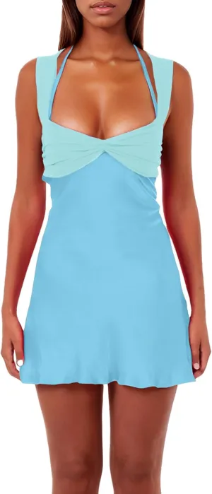 ISZPLUSH Womens Mini Dress Patchwork Sleeveless Strapless Lace Up High Waist A-line Elegant Party Clubwear Short Dress