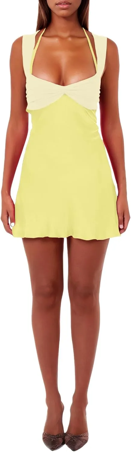 ISZPLUSH Womens Mini Dress Patchwork Sleeveless Strapless Lace Up High Waist A-line Elegant Party Clubwear Short Dress