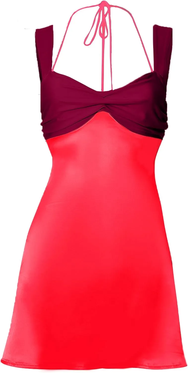 ISZPLUSH Womens Mini Dress Patchwork Sleeveless Strapless Lace Up High Waist A-line Elegant Party Clubwear Short Dress