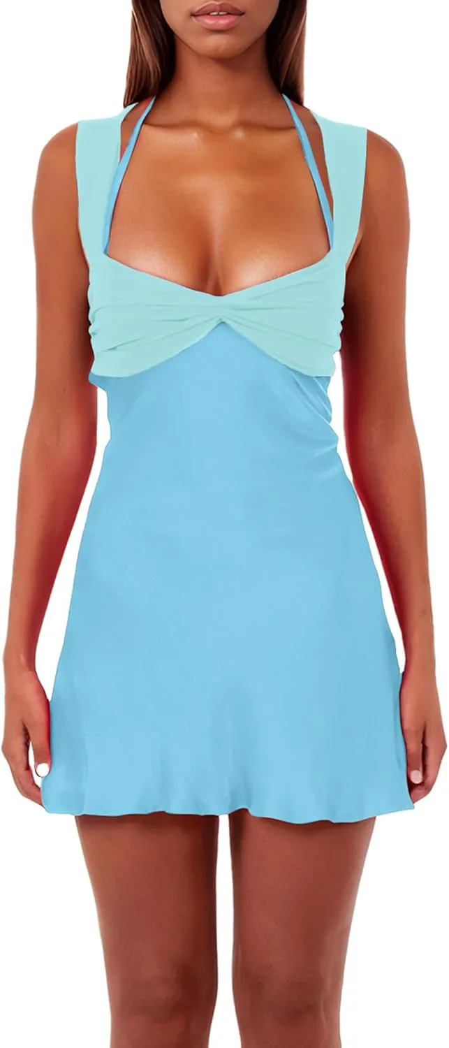 ISZPLUSH Womens Mini Dress Patchwork Sleeveless Strapless Lace Up High Waist A-line Elegant Party Clubwear Short Dress