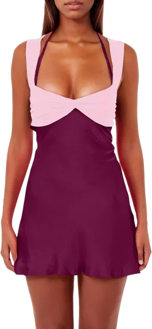 ISZPLUSH Womens Mini Dress Patchwork Sleeveless Strapless Lace Up High Waist A-line Elegant Party Clubwear Short Dress
