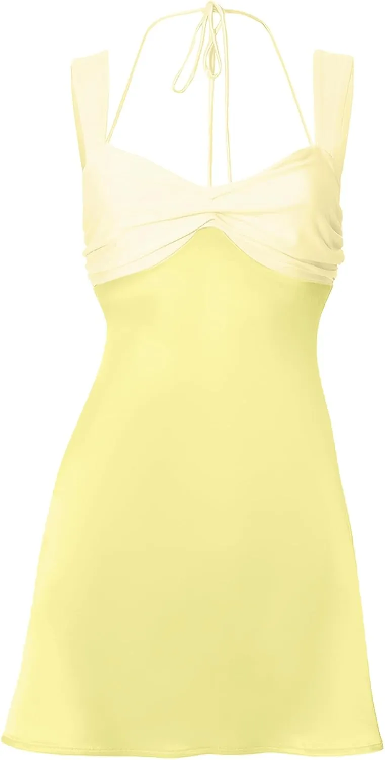 ISZPLUSH Womens Mini Dress Patchwork Sleeveless Strapless Lace Up High Waist A-line Elegant Party Clubwear Short Dress