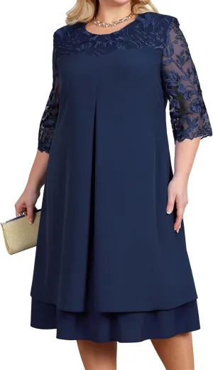 IVERIRMIN Women's Plus Size Embroidered Floral Lace Sleeve Dress Elegant Half Sleeve Crew Neck Loose Midi Dresses