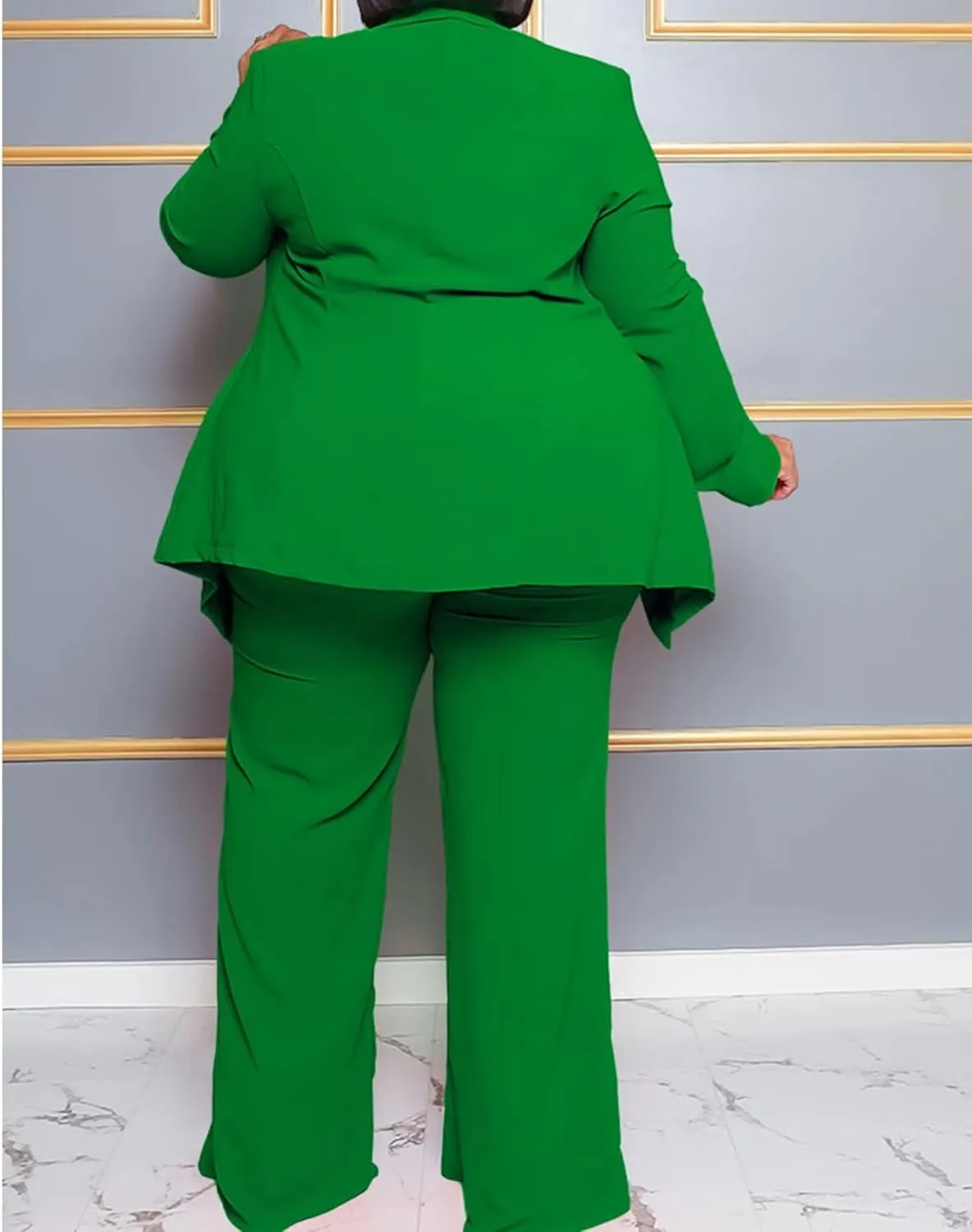 IyMoo Plus Size Suits for Women Business Open Front Long Sleeve Blazer Elastic Waist Solid Straight Leg Pant Set Suits