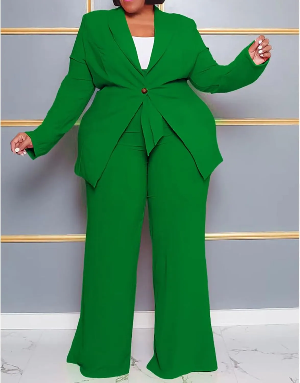 IyMoo Plus Size Suits for Women Business Open Front Long Sleeve Blazer Elastic Waist Solid Straight Leg Pant Set Suits