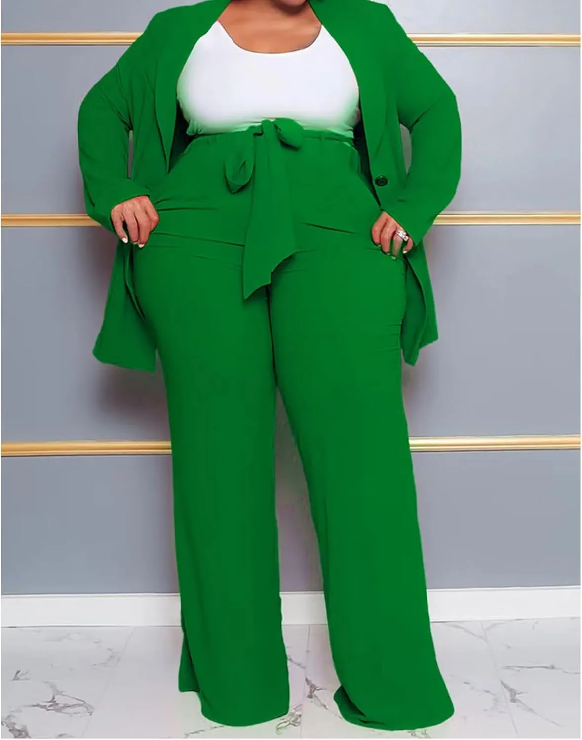 IyMoo Plus Size Suits for Women Business Open Front Long Sleeve Blazer Elastic Waist Solid Straight Leg Pant Set Suits