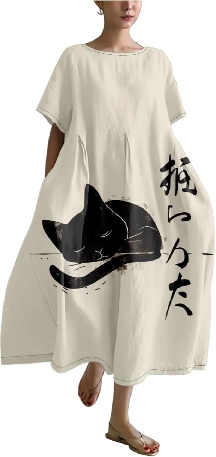 Japanese Art Womens Boho Summer Dresses Oversized Loose T Shirt Dress Elegant Crew Neck Short Sleeve Midi Dress