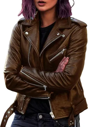 JEKE-DG Women's Casual Blazer Collar Fashion Coat Vintage Biker Spring Fall Coat Jacket Faux Leather Zip Up Coats