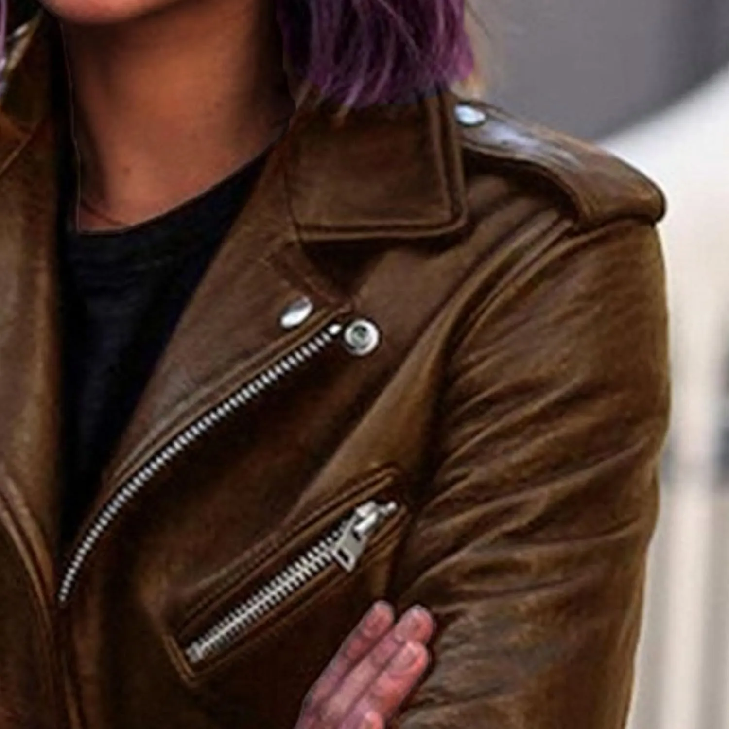 JEKE-DG Women's Casual Blazer Collar Fashion Coat Vintage Biker Spring Fall Coat Jacket Faux Leather Zip Up Coats