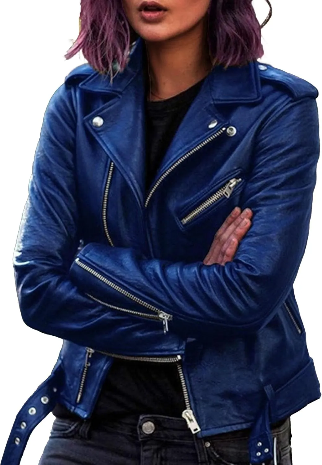JEKE-DG Women's Casual Blazer Collar Fashion Coat Vintage Biker Spring Fall Coat Jacket Faux Leather Zip Up Coats