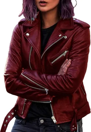 JEKE-DG Women's Casual Blazer Collar Fashion Coat Vintage Biker Spring Fall Coat Jacket Faux Leather Zip Up Coats