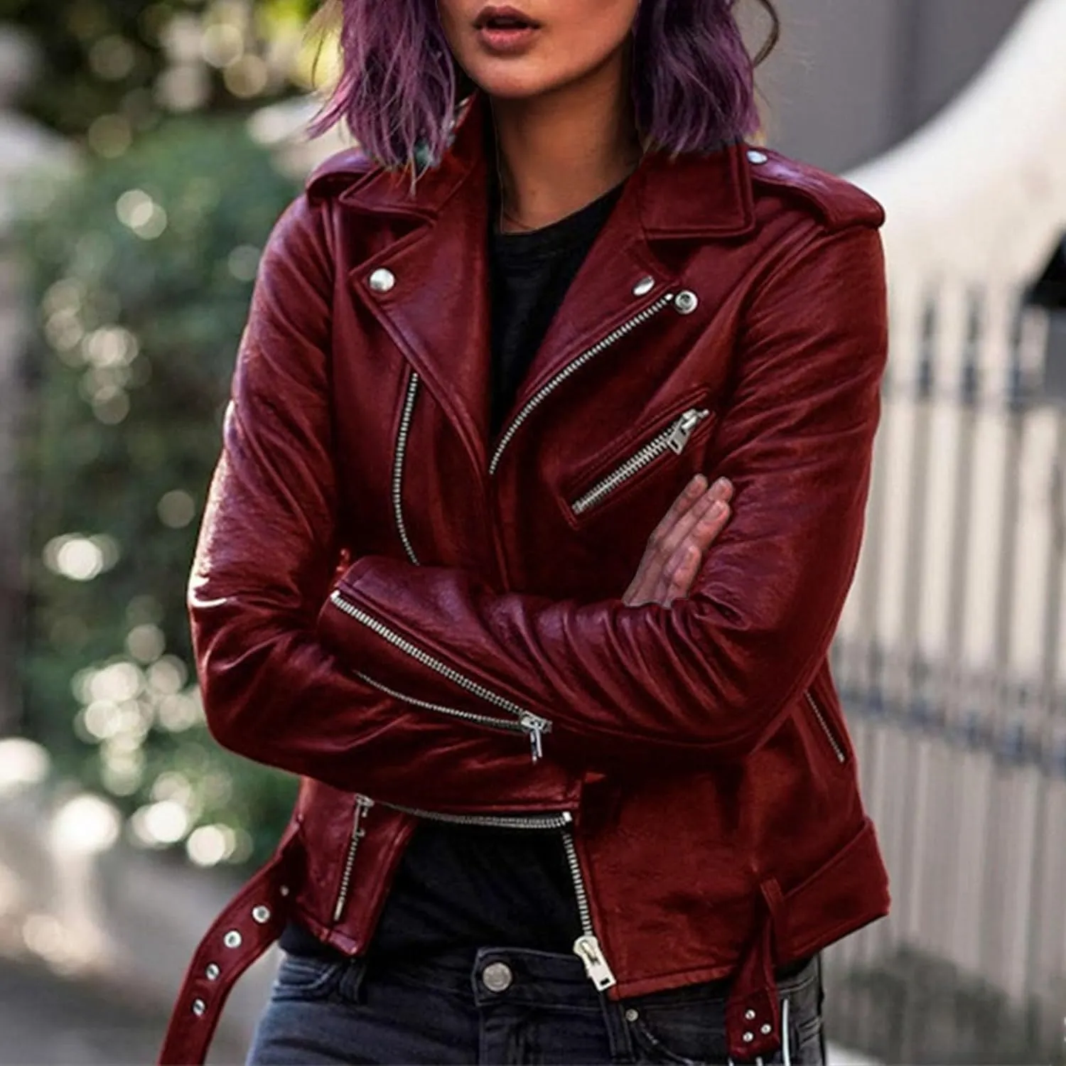 JEKE-DG Women's Casual Blazer Collar Fashion Coat Vintage Biker Spring Fall Coat Jacket Faux Leather Zip Up Coats