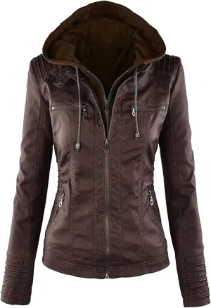 JEKE-DG Women's Detachable Hooded Faux Leather Coat Slim Fit Zip Up Biker Coat Jacket Casual Vintage Fall Winter Coats