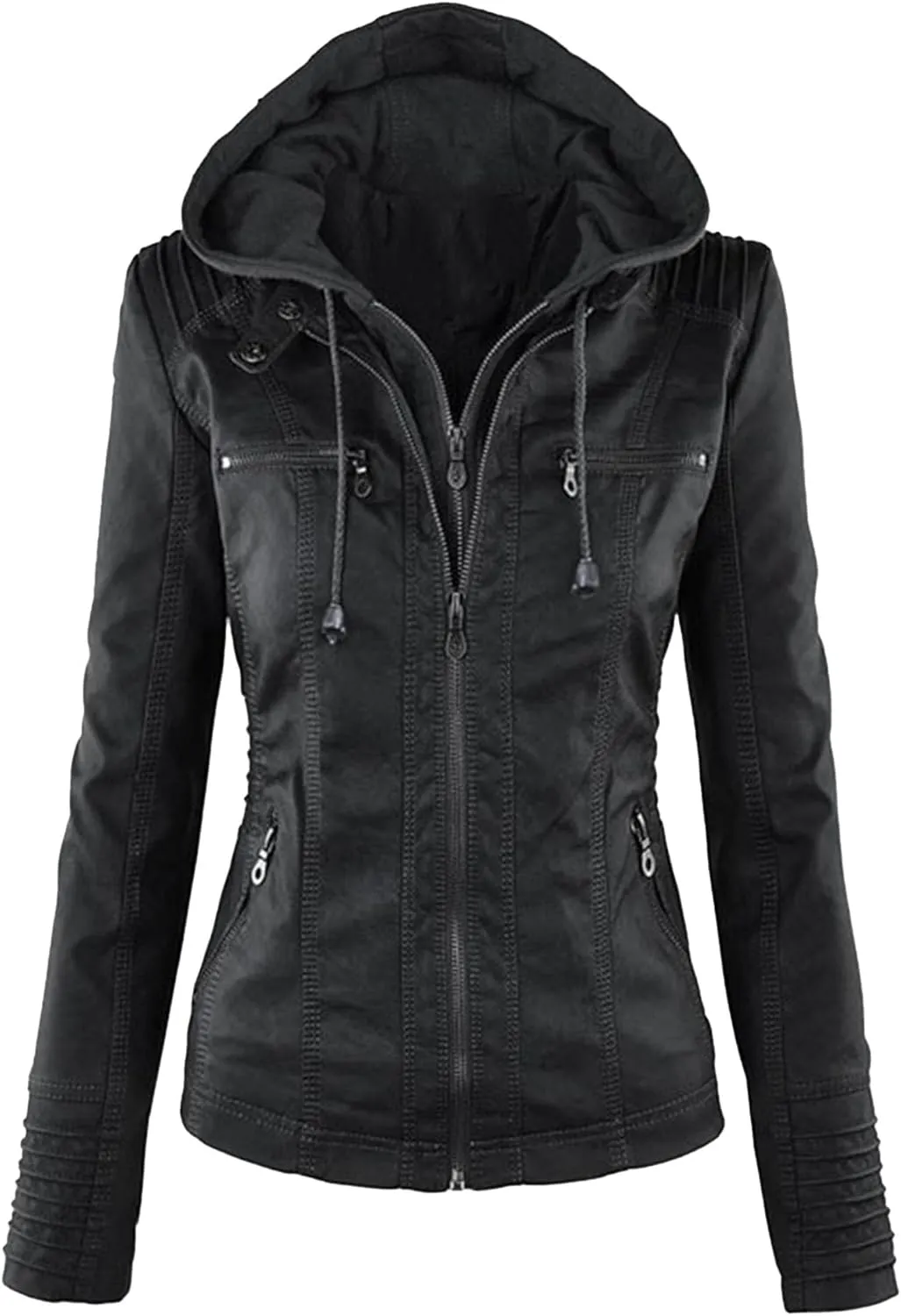 JEKE-DG Women's Detachable Hooded Faux Leather Coat Slim Fit Zip Up Biker Coat Jacket Casual Vintage Fall Winter Coats