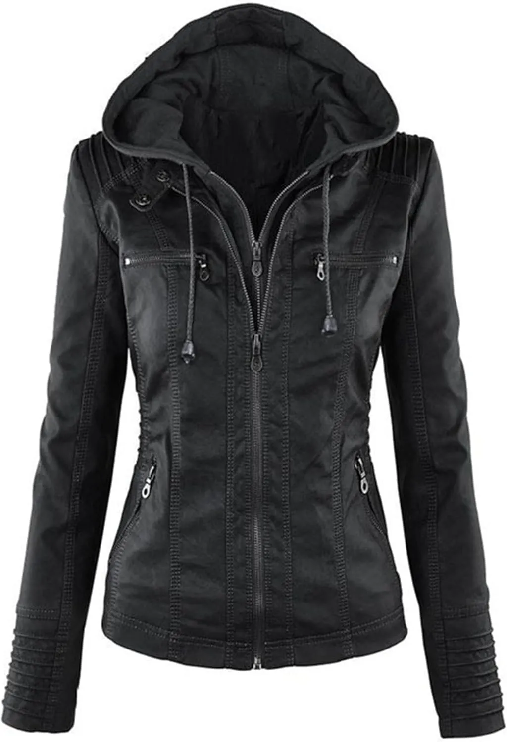 JEKE-DG Women's Detachable Hooded Faux Leather Coat Slim Fit Zip Up Biker Coat Jacket Casual Vintage Fall Winter Coats