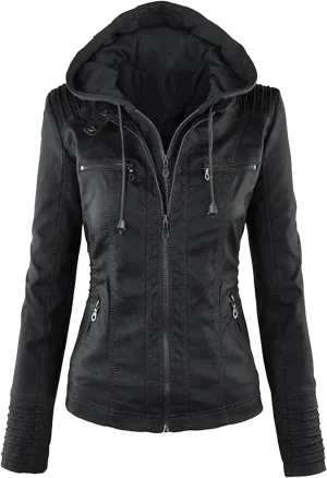 JEKE-DG Women's Detachable Hooded Faux Leather Coat Slim Fit Zip Up Biker Coat Jacket Casual Vintage Fall Winter Coats
