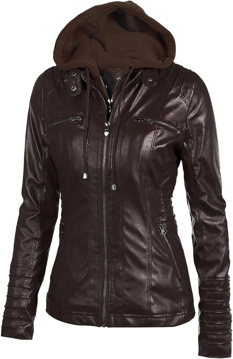 JEKE-DG Women's Detachable Hooded Faux Leather Coat Slim Fit Zip Up Biker Coat Jacket Casual Vintage Fall Winter Coats