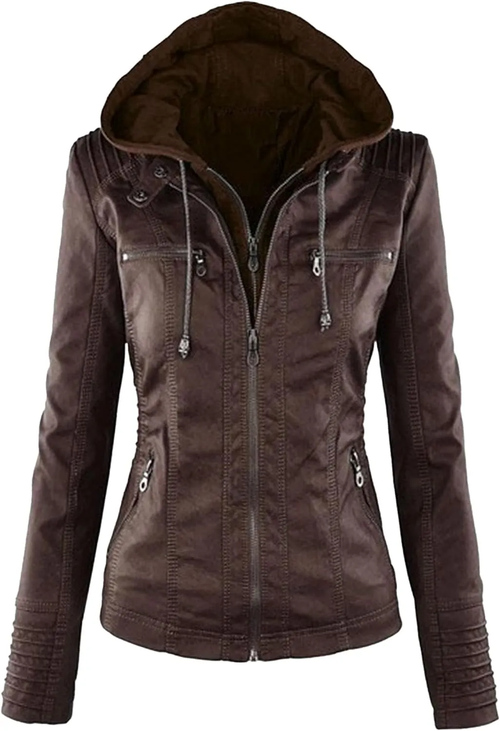 JEKE-DG Women's Detachable Hooded Faux Leather Coat Slim Fit Zip Up Biker Coat Jacket Casual Vintage Fall Winter Coats