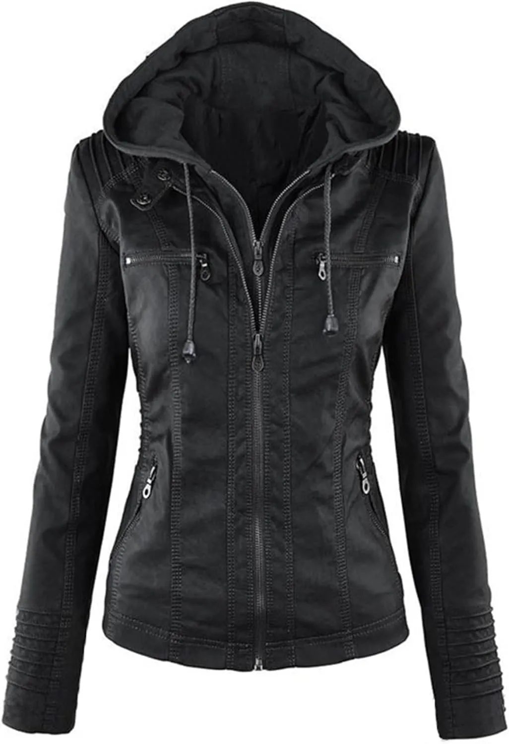 JEKE-DG Women's Detachable Hooded Faux Leather Coat Slim Fit Zip Up Biker Coat Jacket Casual Vintage Fall Winter Coats