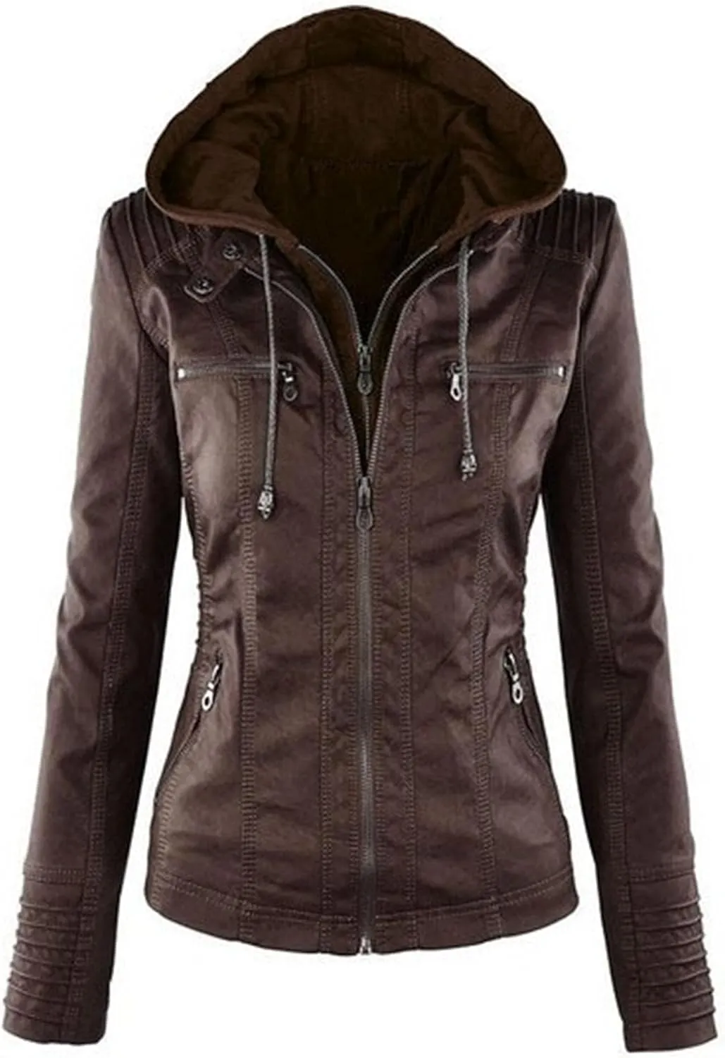 JEKE-DG Women's Detachable Hooded Faux Leather Coat Slim Fit Zip Up Biker Coat Jacket Casual Vintage Fall Winter Coats