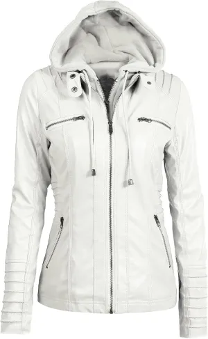 JEKE-DG Women's Detachable Hooded Faux Leather Coat Slim Fit Zip Up Biker Coat Jacket Casual Vintage Fall Winter Coats