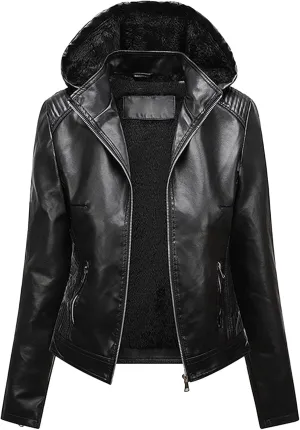 JEKE-DG Women's Faux Leather Casual Lined Coat Removable Hooded Slim Fit Coat Jacket Full Zip Vintage Fall Coats