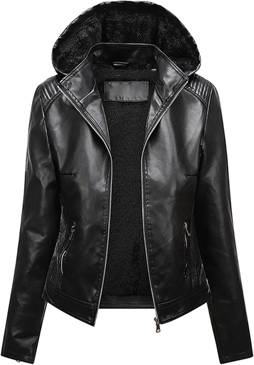 JEKE-DG Women's Faux Leather Casual Lined Coat Removable Hooded Slim Fit Coat Jacket Full Zip Vintage Fall Coats