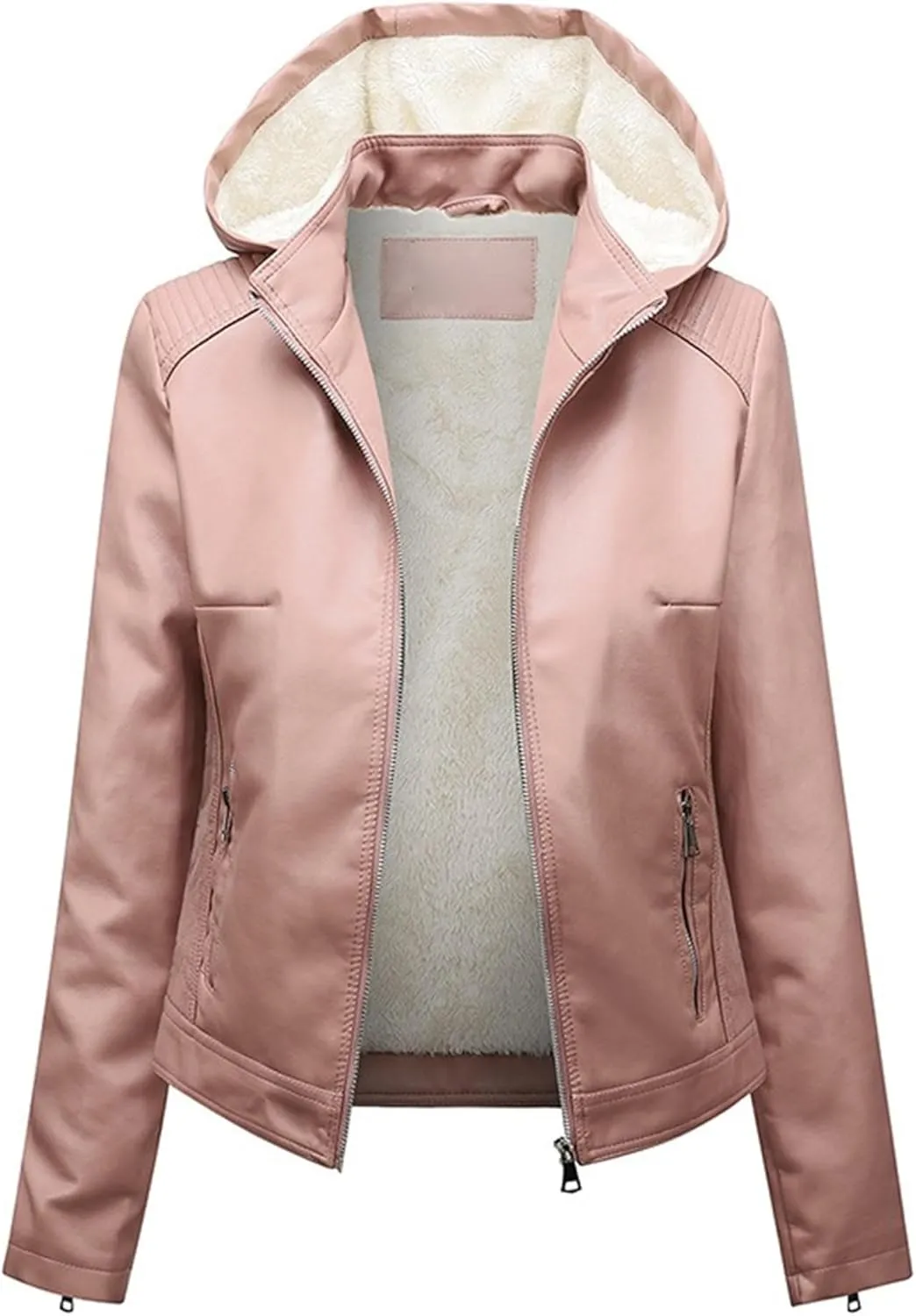 JEKE-DG Women's Faux Leather Casual Lined Coat Removable Hooded Slim Fit Coat Jacket Full Zip Vintage Fall Coats