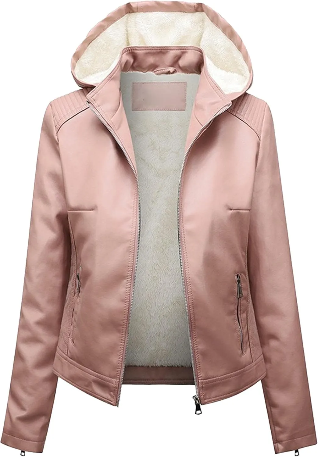 JEKE-DG Women's Faux Leather Casual Lined Coat Removable Hooded Slim Fit Coat Jacket Full Zip Vintage Fall Coats