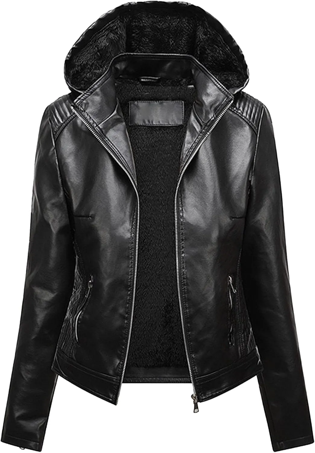 JEKE-DG Women's Faux Leather Casual Lined Coat Removable Hooded Slim Fit Coat Jacket Full Zip Vintage Fall Coats