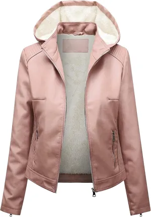 JEKE-DG Women's Faux Leather Casual Lined Coat Removable Hooded Slim Fit Coat Jacket Full Zip Vintage Fall Coats