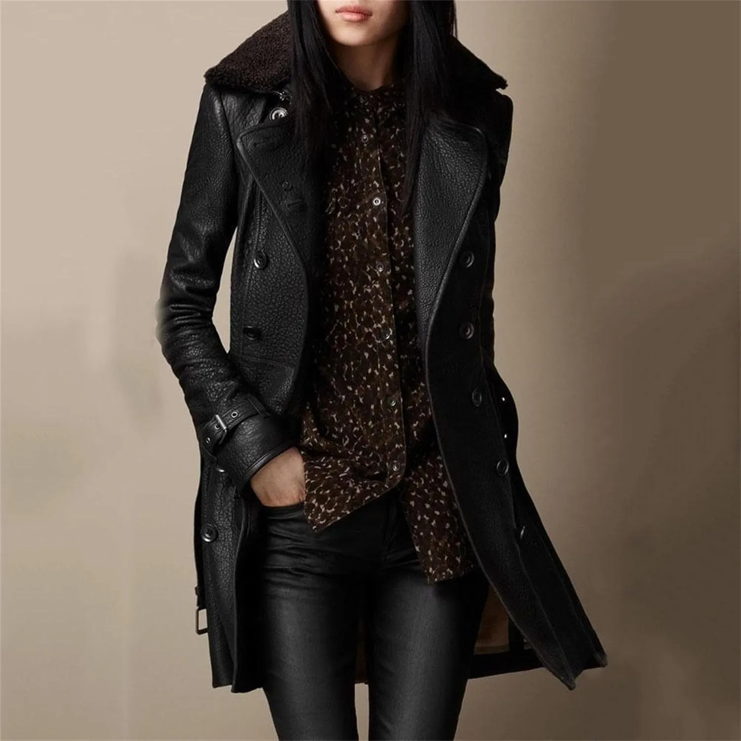 JEKE-DG Women's Faux Leather Slim Fit Winter Coat Mid-Length Belted Casual Coat Jacket Button Down Lapel Biker Coats