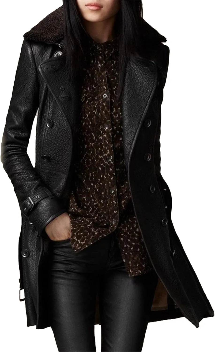 JEKE-DG Women's Faux Leather Slim Fit Winter Coat Mid-Length Belted Casual Coat Jacket Button Down Lapel Biker Coats