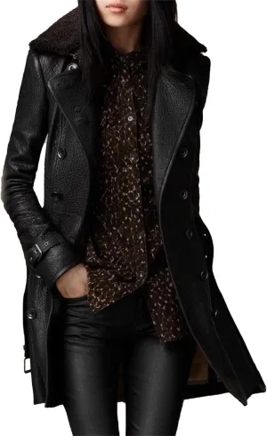 JEKE-DG Women's Faux Leather Slim Fit Winter Coat Mid-Length Belted Casual Coat Jacket Button Down Lapel Biker Coats