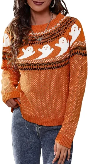 JUNBOON Womens Casual Leopard Print Knitted Pullover Sweaters Long Sleeve Crew Neck Jumper Tops
