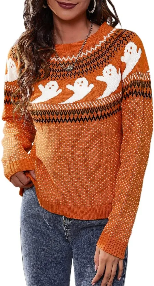JUNBOON Womens Casual Leopard Print Knitted Pullover Sweaters Long Sleeve Crew Neck Jumper Tops