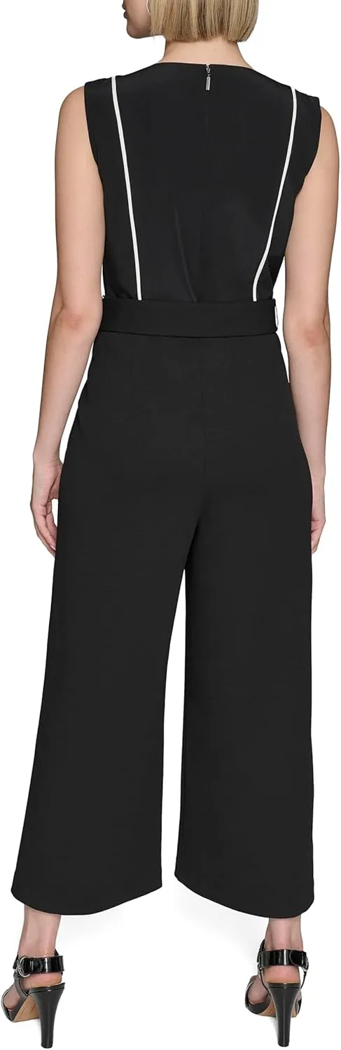 Karl Lagerfeld Paris Womens Belted Scuba Crepe Sleeveless Jumpsuit