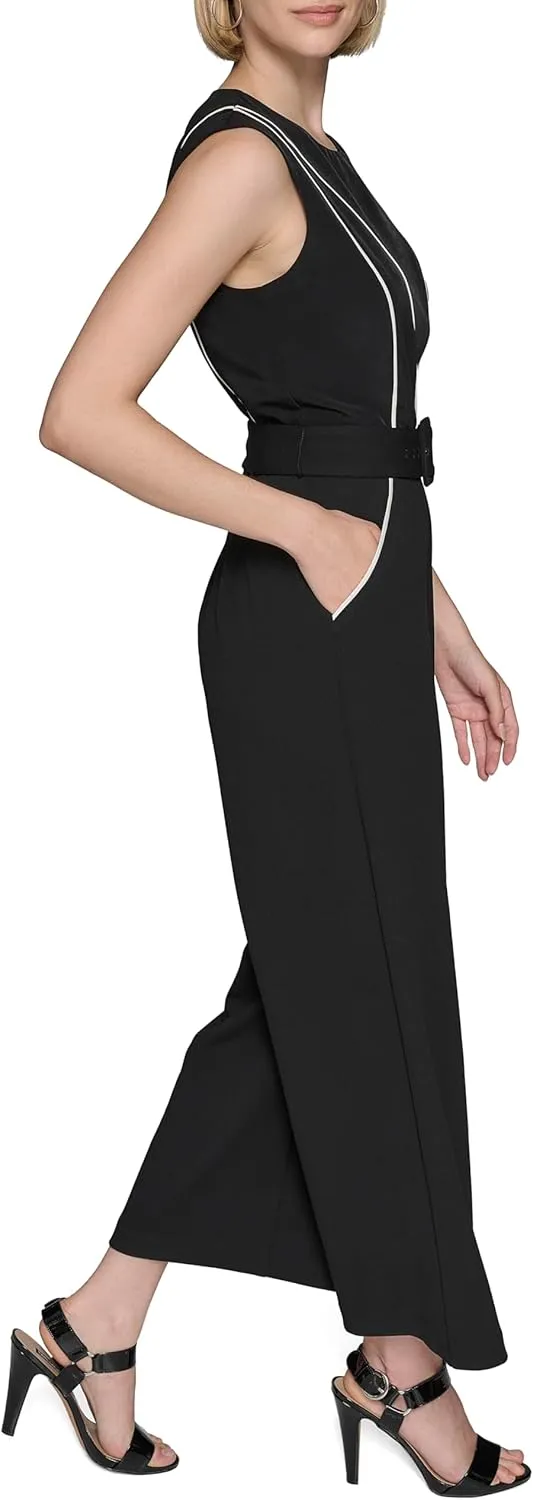Karl Lagerfeld Paris Womens Belted Scuba Crepe Sleeveless Jumpsuit