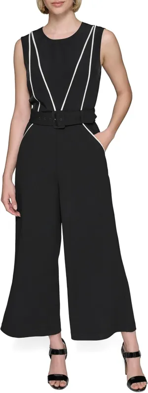 Karl Lagerfeld Paris Womens Belted Scuba Crepe Sleeveless Jumpsuit